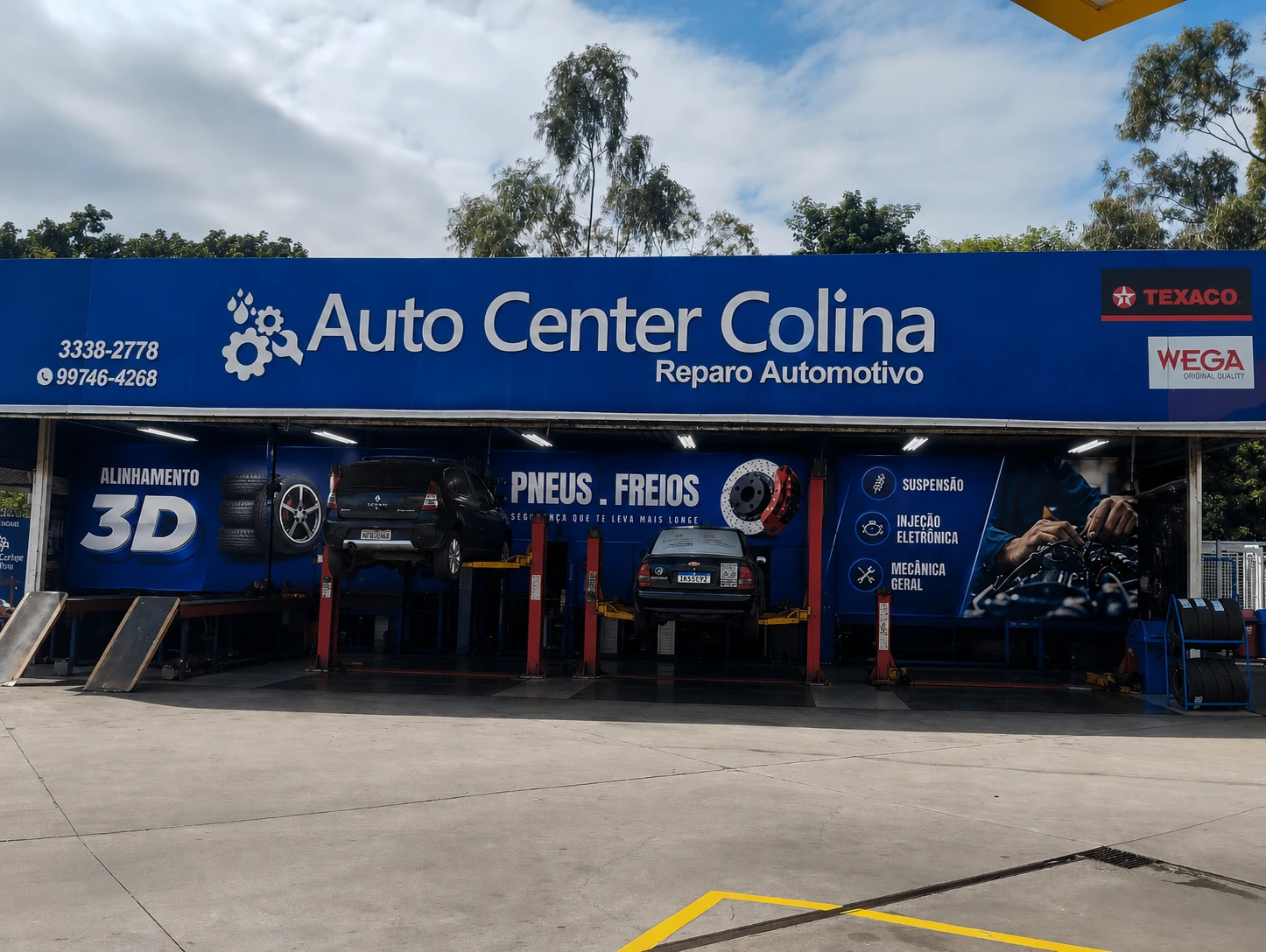 Fachada da Auto Center Colina com elevadores, alinhamento 3D, pneus e freios
