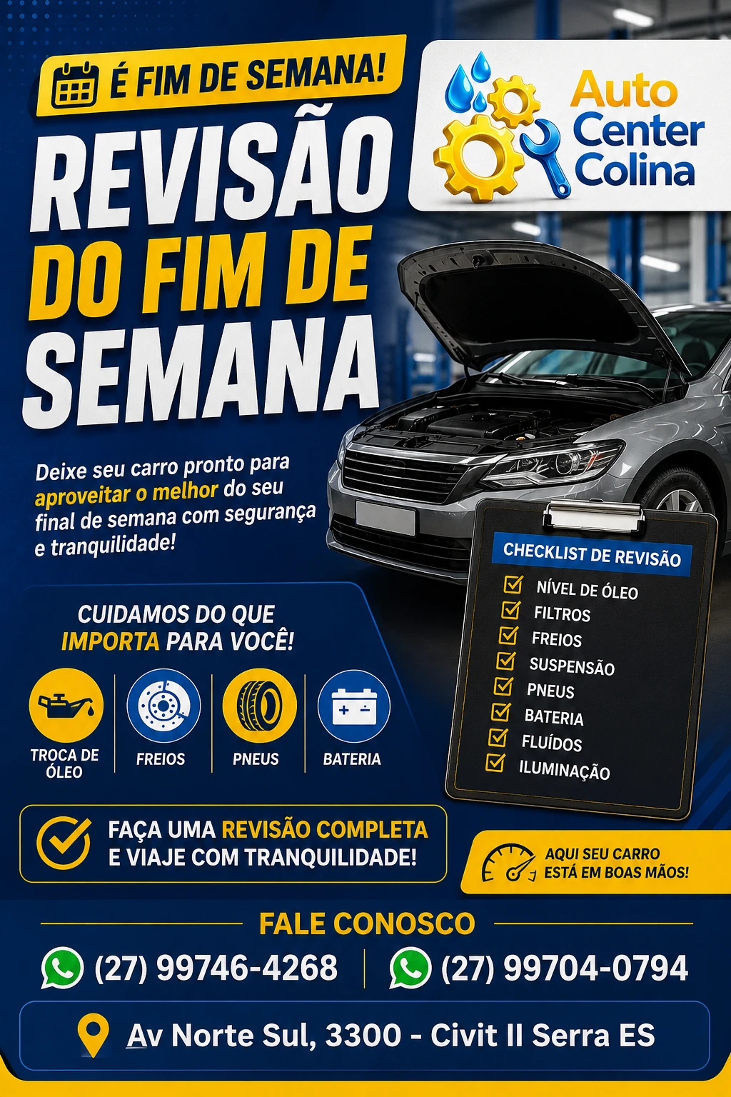 Revisão do fim de semana: óleo, filtros, freios, suspensão, pneus, bateria, fluidos e iluminação